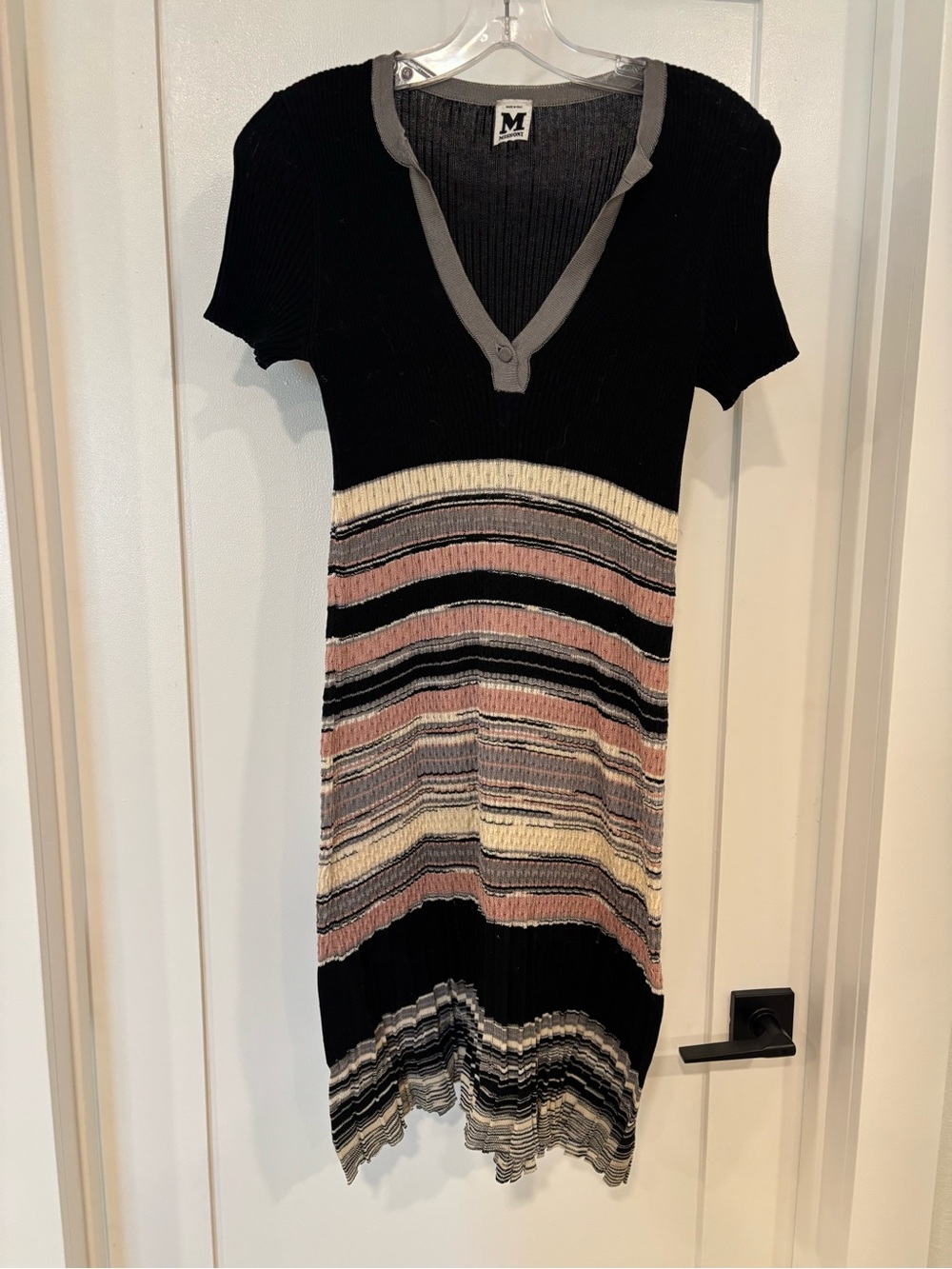 Missoni Black Ribbed Knit Dress with Cream, Pink and Gray Stripes
